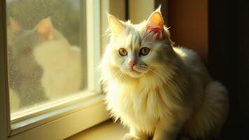White Cat By Window- Sunlight Reflection photo