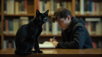 Black Cat Sits Near Student Studying photo