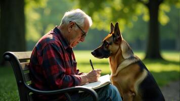 Senior Man Sketching With His Dog photo