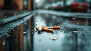 Cigarette Ends Mirrored in Puddle photo