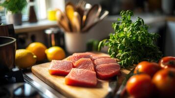 Chefs Culinary Tools and Tuna Medallion Arrangement photo