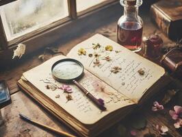 Detailed Journal Display of Preserved Botanical Flowers photo