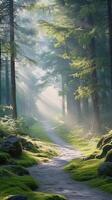 Dreamlike Dawn Over Woodland Path Blanketed in Fog photo