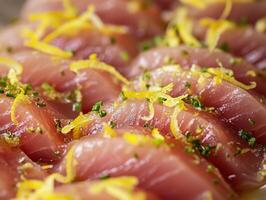 Zesty Lemon Infused Tuna Sashimi On Plate photo