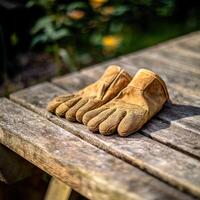 Two Gardening Gloves on Bench photo