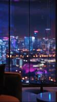 Night Rain On Window Softening Vibrant City Illumination photo