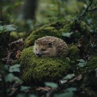 Hedgehog Resting Along Mossy Boulders photo