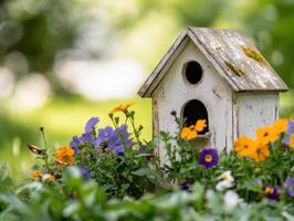 Flower Bed Accenting a Minimal Birdhouse photo