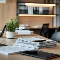Office Table with Systematic Paper Layout photo
