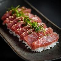 Delicate Raw Tuna Placed Upon Cushions of Sushi Rice photo