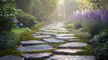 Garden Path Winds Through Hazy Morning Air photo