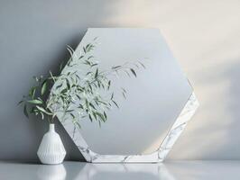 Artistic Pentagonal Mirror With Stately Marble Exterior Design photo