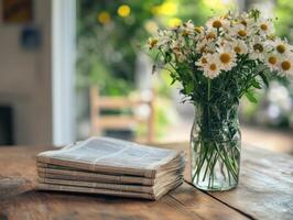 Wooden Table with Sunday Print photo