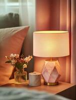 Contemporary Table Lamp with Pink Marble and Brass Geometry photo