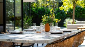 Luxurious Alfresco Dining With Marble Table Arrangement photo