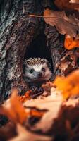 Hedgehog Watching from Leafy Corner photo