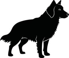 Black silhouette of standing dog with fluffy tail and pointed ears on white background simple design vector