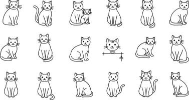Various simple black line art cat illustrations with different poses and expressions in white background vector