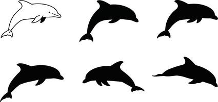 Dolphin silhouette collection in black and white simple style for marine animal design elements vector
