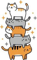 Stack of four playful cats in cute cartoon style with sparkling stars and white background vector
