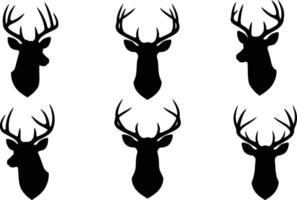 Deer silhouette set with six black stag head illustrations in various poses for nature and wildlife design elements vector