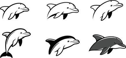 Dolphin silhouette collection in black and white simple design for ocean and marine themes vector