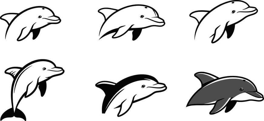 Dolphin silhouette collection in black and white simple design for ocean and marine themes