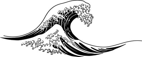 Black and white stylized ocean wave drawing with curling crest and foam detail for art and design inspiration vector