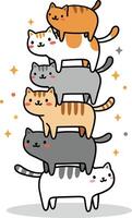 Cute cartoon cats stacked in a playful vertical tower with colorful sparkles around in white background vector