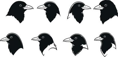 Black Raven Bird Head Silhouettes Set with Various Angles and Profiles for Design Use vector