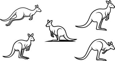 Kangaroo silhouettes black line art illustration set showing different poses and angles of kangaroos in simple style vector
