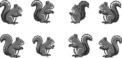 Gray squirrel silhouette set with multiple poses and side views for wildlife and nature illustration designs vector
