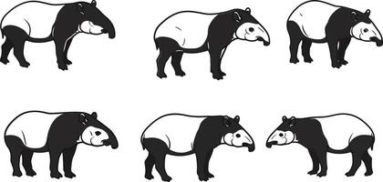 Malayan tapir animal illustrations set showing six different side views of black and white tropical mammal vector