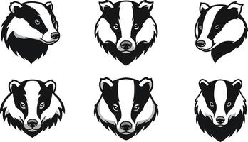 Badger head icons set with six different black and white animal face illustrations for wildlife design and nature projects vector
