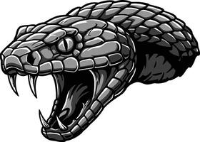 Black and white snake head illustration with scales and forked tongue in monochrome design vector