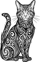 Sitting cat with intricate tribal patterns detailed black and white ink drawing artwork vector