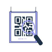 Hanging QR code scan with magnifying glass. Close-up, information lookup. Retail, display. Detailed view vector