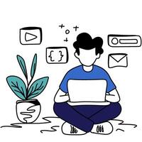 Web Developer Man Coding at Angled Desk. Working on laptop with code snippets. Clean line art. Perfect for software development, modern workspace. Focused, technical atmosphere vector