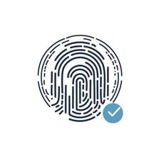 Biometric Verification Symbol. Abstract fingerprint with a tick for authentication. Simple, clean illustration. Ideal for cybersecurity, access granted. Safe, approved mood. vector