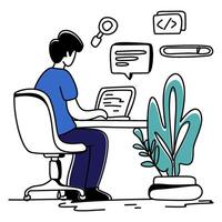 Flat Illustration of a web developer working with code, devices, and online tools, ideal for tech and software content. vector