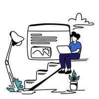 Male Programmer Working on Website. Coding interface on laptop at a modern desk. Simple, modern illustration. Ideal for tech industry, startups. Diligent, contemporary mood vector
