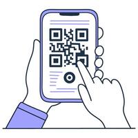 Smartphone QR code scan. Fingers point, scanning code on screen. Mobile engagement, digital info. User-friendly, modern vector