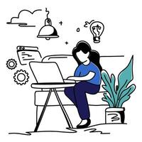 Web Development Process Illustration. Woman with laptop and various design elements. Minimalist design. Perfect for explaining web creation. Comprehensive, structured feel vector