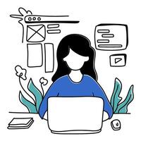 Web Designer Working with Multiple Screens. Woman with laptop and UI elements. Clean line art vector