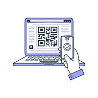 Mobile QR code scan on laptop. Hand holds phone, scans screen. Digital payment, online access. Modern tech, bright scene vector