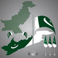 Modern realistic geopolitical Pakistani dotted map. Pakistan full map with realistic flagpole. Map of Pakistan in national border. Unique territorial country of Pakistani dotted map with flagpole vector