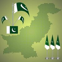 Pakistan map with realistic flagpole. Modern realistic geopolitical Pakistani dotted map. Map of Pakistan in national border with flagpole. Unique territorial country of Pakistani dotted map vector