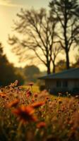 un encantador rústico casa en medio de un iluminado por el sol flor silvestre campo, con arboles silueta en contra un calentar puesta de sol cielo foto