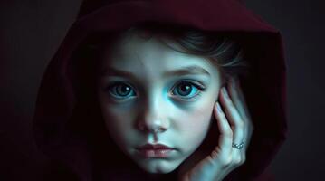 A portrait of a young girl with a gentle gaze, her face framed by a dark hooded garment, evokes a sense of mystery and introspection. The lighting casts dramatic shadows. photo