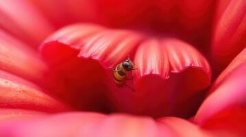a tiny bee nestled delicately within the vibrant petals of a red gerbera daisy photo